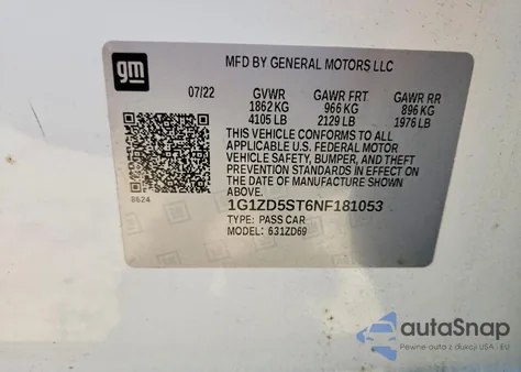 2022 Chevrolet Malibu Lt z USA, uszkodzony, nr VIN 1G1ZD5ST6NF181053